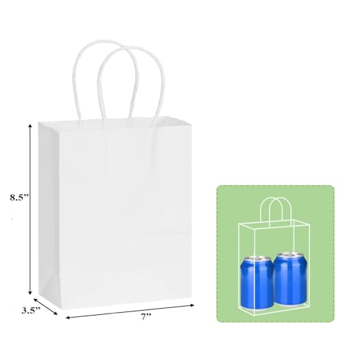 Image of Aakriti Kraft Paper Bags with Handles, White Small Gift Bags Bulk, Retail Bags, Shopping, Birthday Wedding Party Favour, Merchandise | Small Size: 7x3.5x8.5 inch WHITE (Pack of 10)