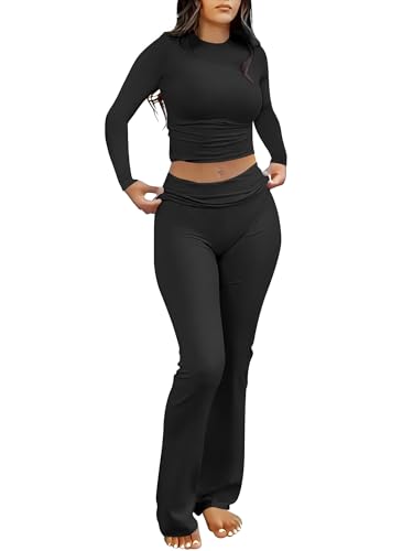 ANRABESS Women 2 Piece Outfits Lightweight Lounge Sets Long Sleeve Cropped Top Fold-over Flare Pants Pajamas Set Y2K Clothes