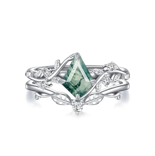 Natural Moss Agate Ring for Women 925 Sterling Silver Pear/Oval/Kite Cut Green Leaf Moss Agate Engagement Ring Promise Bridal Set Anniversary Birthday Jewelry Gifts