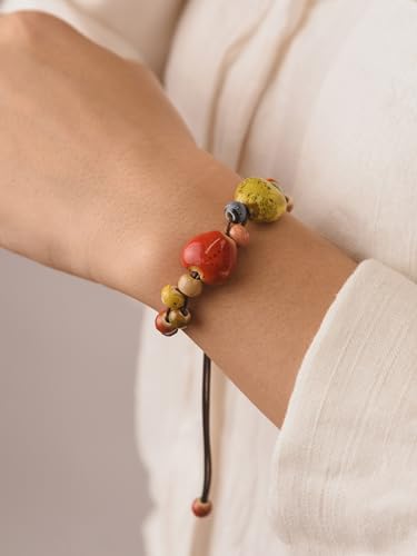 MINACHI Ceramic Beaded Bracelets for Women, Boho Style Beaded Bracelets with Colorful Heart Ceramic Beads, Adjustable Elastic Bracelets Jewelry for Women4