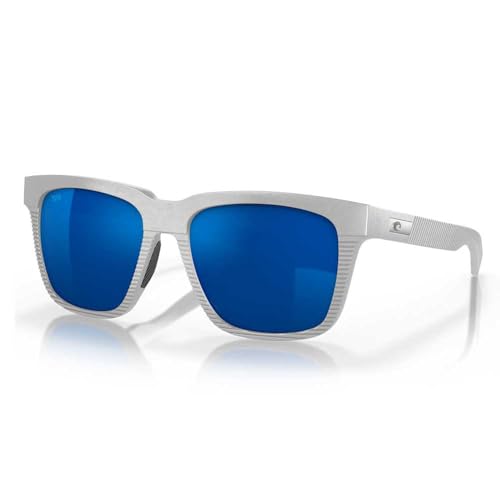 Costa Del Mar Mens Pescador Rectangular Sunglasses, Net Light Grey/Grey Blue Mirrored Polarized-580G, 55 mm