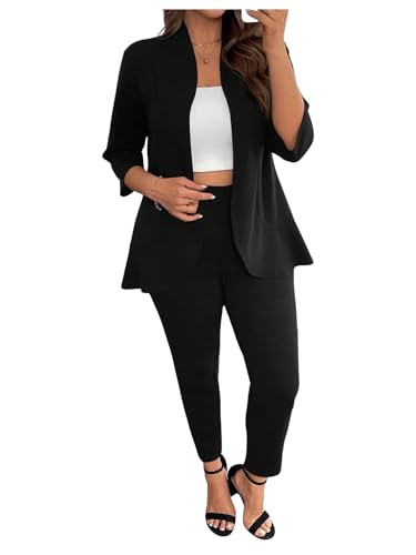 SOLY HUX Women's Plus Size 2 Piece Outfit Open Front 3/4 Sleeve Blazer and Pants Business Casual Set