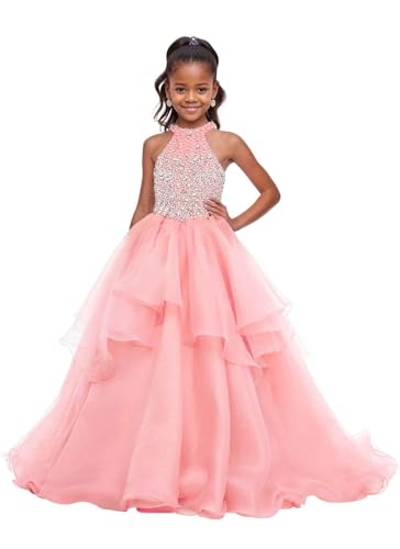 Girls Beaded Miss National Pageant Dresses Pearls Rhinestones Flower Girl Kids Children 1st Pageant Dress
