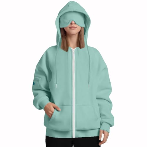 Ewleguzka Sweat à capuche de voyage avec masque pour les yeux - Fermeture éclair intégrale - Veste surdimensionnée doublée en polaire - 3 poches, vert...