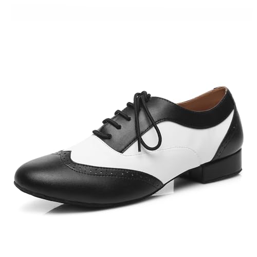 Chaussures de Danse Homme Standard Latin Salsa Cuir Chaussures à Lacets Chaussure de Danse Bicolore Homme,Nero+Blanc,Tacco 2.5cm,Suola in camoscio,45EU