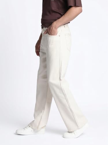 Image of Men Baggy Jeans Beige Loose Fit Cotton Blend Denim Wide Leg Stylish Casual Wear Pant