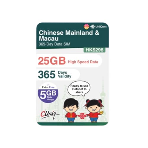 Tarjeta SIM de datos prepagada de China y Macao (30 GB, 365 días) 5G/4G SIM de alta velocidad lista para usar | SIM anual | Listo para usar para viajes de negocios | Compartir puntos de acceso |