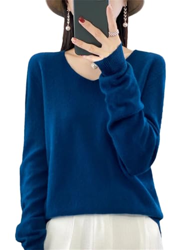 Women Merino Wool Sweater Cashmere Pullover Knitwear V-Neck Long Sleeve Basic Clothing Tops SeeBlue XL