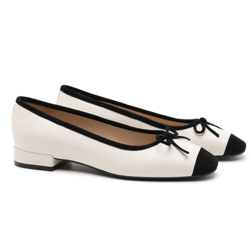 Women's Comfortable Leather Ballet Flats with Bow Slip-On Driving Mocs Walking Shoes Cute Casual Dress Work Shoes (B1 White 8)