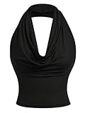 GORGLITTER Women's Off The Shoulder Draped Halter Neck Crop Tops Ruched Slim Fit Shirts Party Night Out Tees 1 Piece Vest Black M