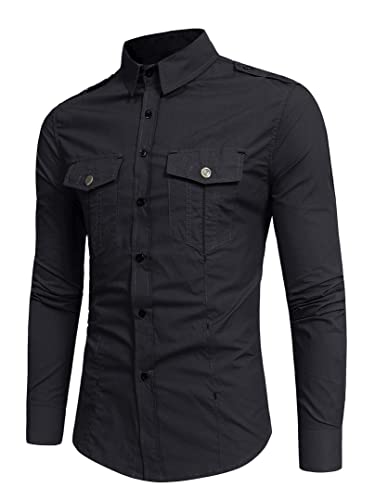 Men's Long Sleeve Military Button Down Cargo Shirt Tactical Training Hiking Work Shirts Slim Western Tops with Pockets