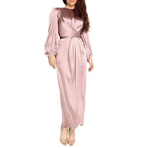 Women's Plain Satin Abaya Dress Round Collar Balloon Sleeve Wrap Waist Slit Maxi Dress Middle Eastern Muslim Gown
