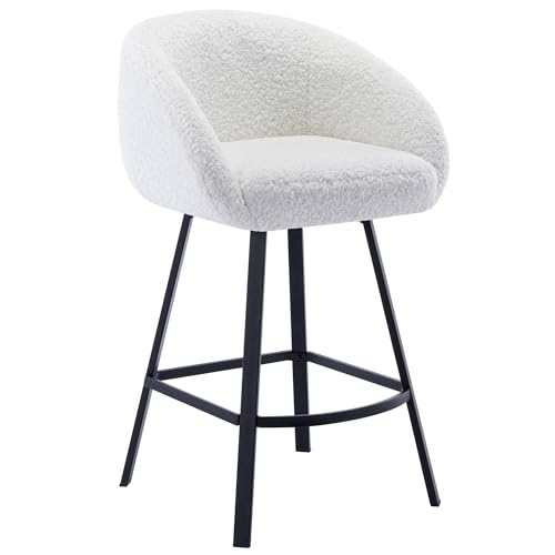 Image of Zesthouse White Swivel Counter Stool, Barrel Counter Height Barstool for Kitchen Island, 26'' Modern Kitchen Counter Stool with Arms & Back, Upholstered Sherpa Fabirc Bar Chair with Legs