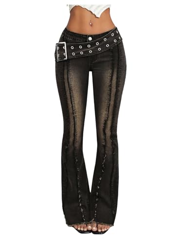 Floerns Women's Low Rise Flare Jeans Grommet Eyelet Bootcut Bell Bottom Denim Pants Black 28