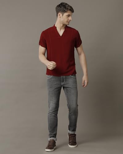 Image of Identiti MenSlim Fit Half Sleeve Solid Smart V Placket Casual Shirts