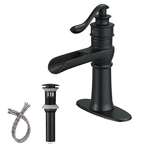 Greenspring Matte Black Bathroom Faucet Single Hole Single Handle with Pop Up Drain with Overflow Waterfall for Sink Farmhosue Lavatory Vanity Faucets Mixer Tap Deck Mount Supply Line Lead Free