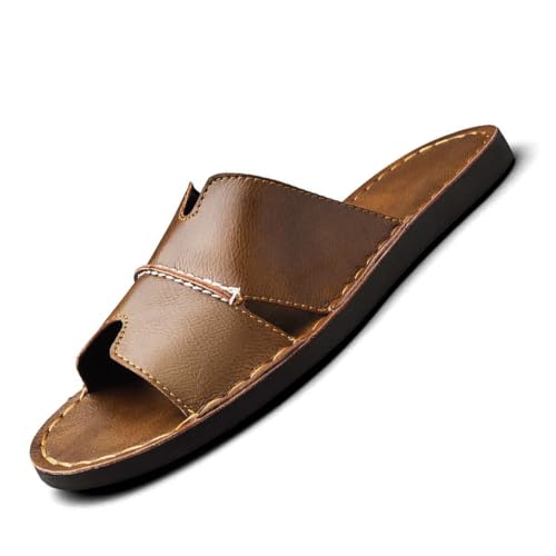 Image of Men's Leather Cutout Slides Sandals Comfortable Lightweight Open Toe Anti-Slip Soft Bottom Slip On Slippers Summer Outdoor Casual Beach Sandals