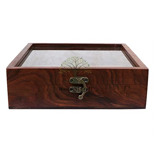 Image of Naayaab Craft Sheesham Wooden Masala Spice Box with Spoon, Square Spice Container for Kitchen, Masala Dani for Spices & Dry Fruits, Wooden Kitchen Storage Box