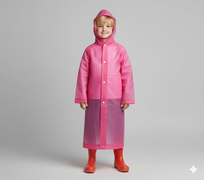 VKG Kids Waterproof Hooded Long Raincoat for Boys & Girls | Single Layer Rain Protection with Front Button Closure | Lightweight Bright Color Rainwear (Pink) (5-6Years)