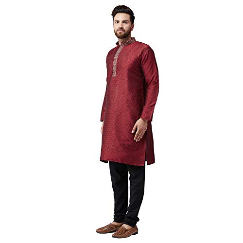 Image of SOJANYA (Since 1958 Mens Maroon Jacquard Silk Kurta and Black Churidaar Pyjama Set