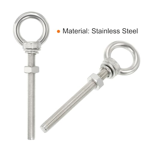 Image of uxcell M10*120 3 /8 inchx4.72 inch Stainless Steel Eye Bolts Threaded Screw Eyebolt Shoulder Ring with Nuts Washers for Lifting Hanging, 2 Set