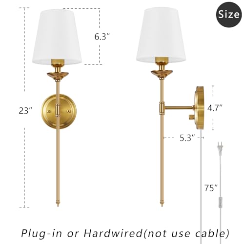 Image of Dimmable Plug in Wall Sconces Set of 2, Gold Bedside Wall Lamp with Knob Dimmer Switch and 6.5FT Electric Cord, Mid Century Modern Bathroom Wall Light Fixture for Bedroom Living Room