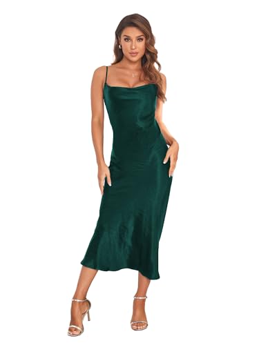 Women's Spaghetti Strap Midi Satin Silk Dresses Slip Cowl Neck Party Cocktail Evening Sexy Dress