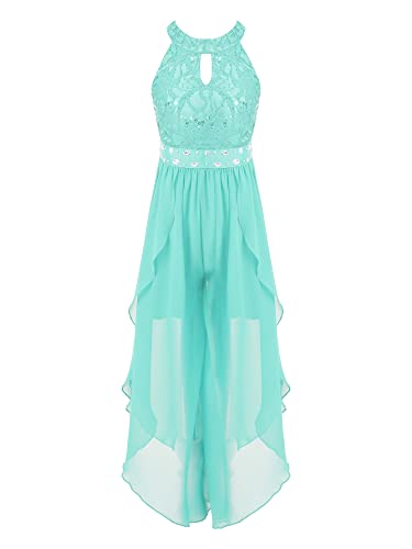 Kids Girl Sequins Lace Dress Sleeveless Halter Walk-Through Romper Maxi Party Dress Junior Bridesmaid Dress