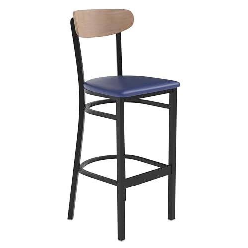 Image of Flash Furniture Wright Commercial Barstool - Natural Birch Finish Wood Boomerang Back - Blue Vinyl Seat - 500 LB. Capacity Black Steel Frame - Integrated Footrest