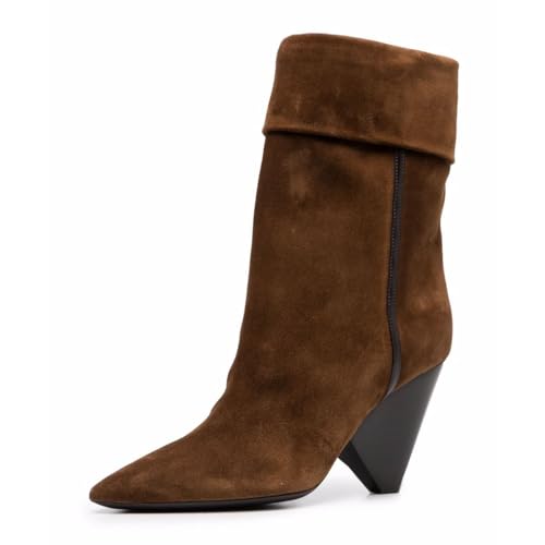 FOWT Women Pointed Toe Mid Calf Boots Special Chunky High Heel Booties Pull on Party Winter Western Shoes Size 4-16 US