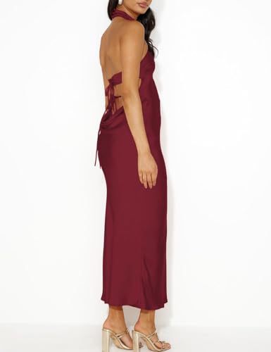 Image of Women Summer Satin Halter Neck Backless Formal Wedding Guest Maxi Dress