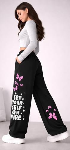 Image of CRAMPLEWomen's Graphic Print Wide Leg Sweatpants, Elastic Waist with Drawstring, Casual Streetwear Joggers