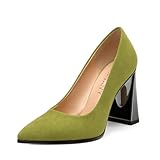GUAVAIVY Women's Pumps, Slip On Pointed Toe High Heels, Fashion Closed Toe Daily Party Wedding Shoes for Women Olive Suede Size 7