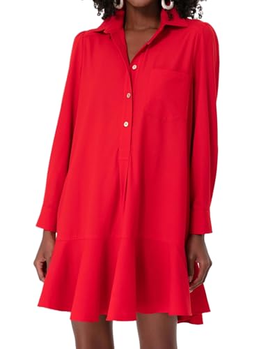 JEIBKOUY Women's Tunic Shirt Mini Dress Long Sleeve Cotton Drop Waist Collar Short Dress Button Up Ruffle Hem Shift Dresses Red