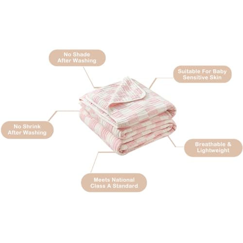 Image of Ultra Soft Cozy Cotton 6-Layer Muslin Baby Blanket 41 inch x41 inch Breathable Lightweight Pink Checkered Swaddle Blanket for Baby Girls Essentials Birthday Gifts All Seasons Both Sides
