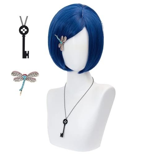 animacoser Coraline - Peluca de cosplay para mujer, pelucas sintéticas cortas y lacias con collar de llave, horquilla de libélula, peluca de cosplay para fiesta de disfraces de Halloween