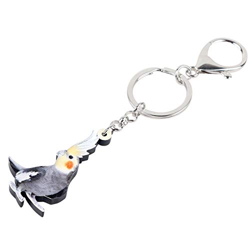 Weveni Schlüsselanhänger aus Acryl, Nymphensittich, Papagei, Vogel, Schmuck für Damen, Mädchen, Tasche, Autoschlüssel, Geldbörse, Anhänger, GRAU, 52mm x 33mm