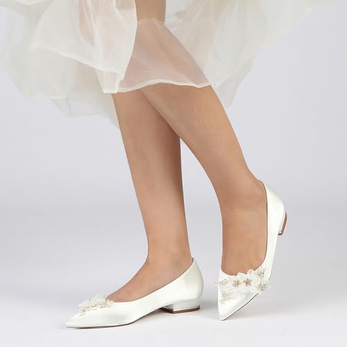 Women Closed Toe Flat Wedding Shoes Satin with Crystal Lace Flower Pointed Toe Party Bridal Shoes Low Heel Ballet Flats Slip-on2