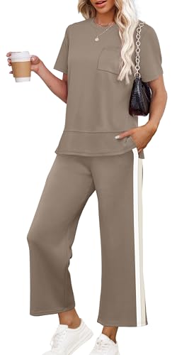 OFEEFAN Women Lounge Sets 2 Piece Fall Outfits Winter Travel Tracksuits Wide Leg Loungewear Airport Track Suits Vacation Clothes Long Sleeve Sweatsuits Cruise Wear Matching Clothing Khaki XL