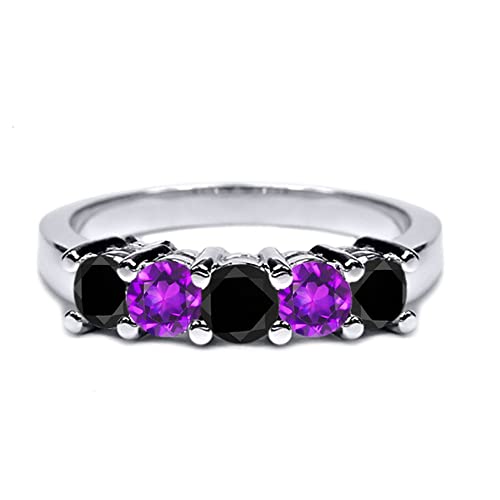 Gem Stone King 925 Sterling Silver Black Diamond and Purple Amethyst Wedding Band Ring For Women (0.96 Cttw, Round 3.5MM, Gemstone April Birthstone, Available In Size 5, 6, 7, 8, 9)3