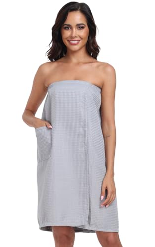 Image of Women's Bath Towel Wrap Waffle Spa Body Wrap with Adjustable Closure Quick Dry Lightweight Towel Robes with Pocket, Grey L /XL