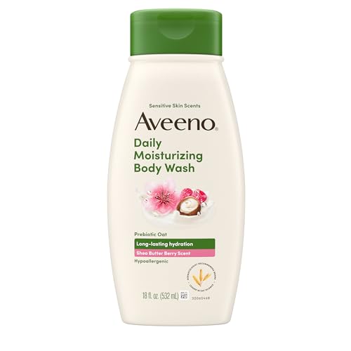Image of Aveeno Daily Moisturizing Body Wash with A Shea Butter Berry Scent & Soothing Prebiotic Oat, Provides Long-Lasting Hydration for Sensitive Skin, Hypoallergenic, Paraben-Free, 18 fl. oz