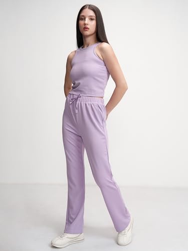 Image of Tokyo Talkies Women's Co-ord Set | Sleeveless Crop Top & Drawstring Trousers | Perfect for Casual Outings & Vacations