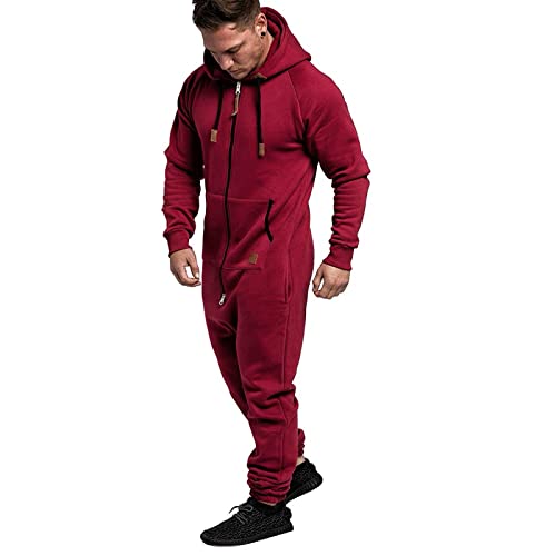 WUAI Onesie Men's Hooded Jumpsuit Zip Up One Piece Pajamas Playsuit Jogger Sweatsuit Overall Romper Red2