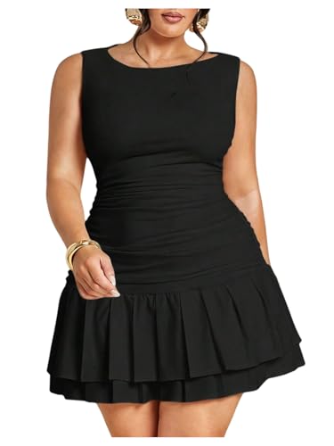 Women's Plus Size Y2k Ruched Mini Dress Pleated Ruffle Tank Dresses Sleeveless Layered Going Out Sundress - Main Image