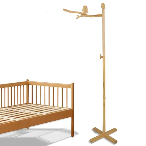 HLEEDUO Floor Standing Wooden Baby Crib Mobile Arm， Natural Wooden Mobile Stand for Crib,Wood Crib Arm with Bird Design& Anti-Dumping Function, Mobile Stand for Crib Mobile & Nursery Decor