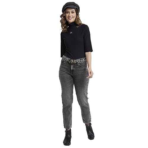 Image of Spykar High Neck 3 /4Th Sleeve Solid Slim Fit T-Shirt for Women