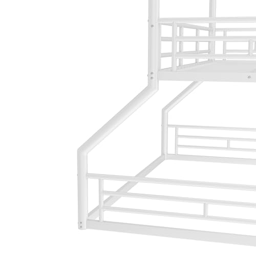 Image of Twin Over Twin Over Full Bunk Bed with Safety Guardrails, Modern Metal Triple Bed Frame for Kids, No Box Spring Required, White
