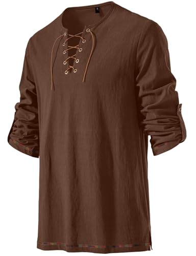 Image of JEMITOP Men's Pure Cotton Vintage Lace Up Shirts for Pirate Renaissance Viking Medieval Costume Without Belt