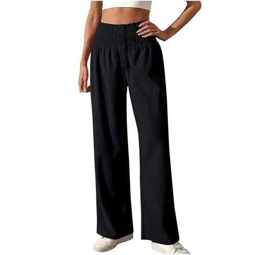 Women's Fall Winter Plaid Casual Long Pants Straight Leg Elastic High Waist Pants Solid Color Comfy Baggy Trousers